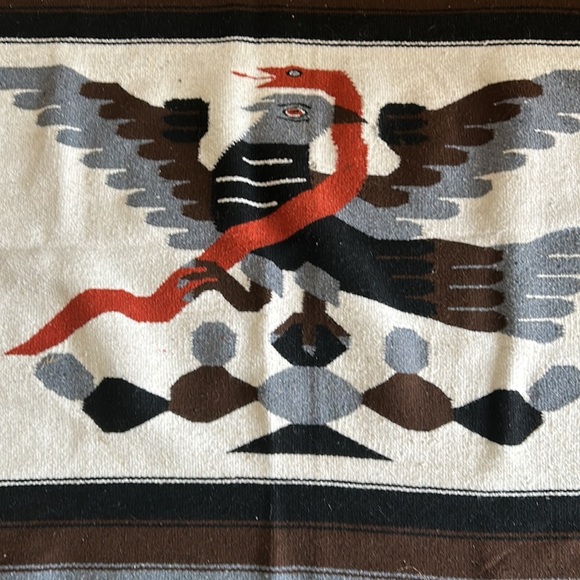 Vintage Mexican wool rug blanket eagle snake brown black stripe fringe boho82x47 - Picture 10 of 16